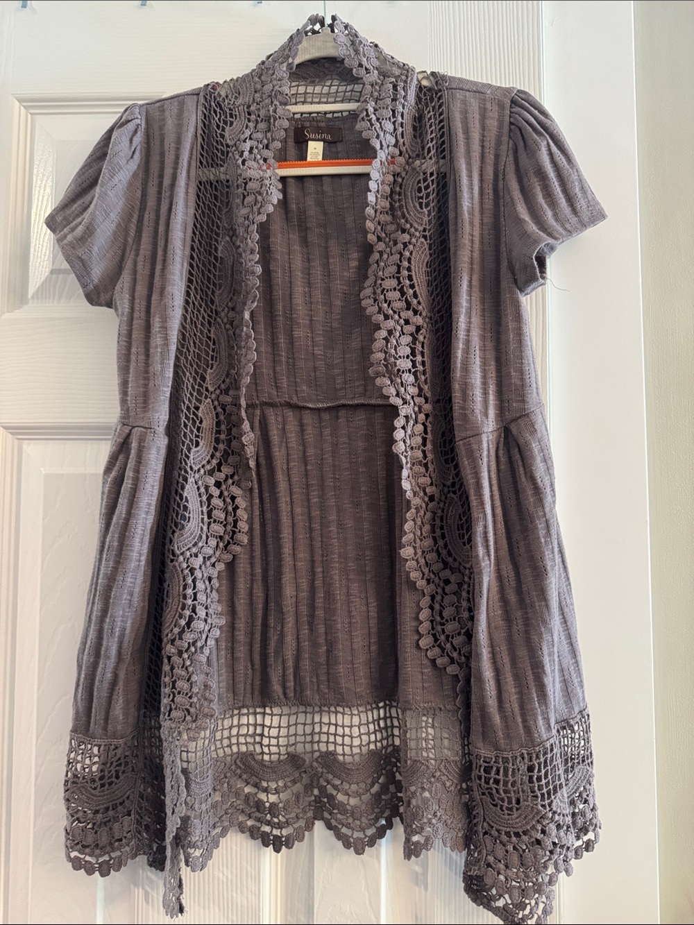 Susina Gray Knit Short Sleeve Cardigan